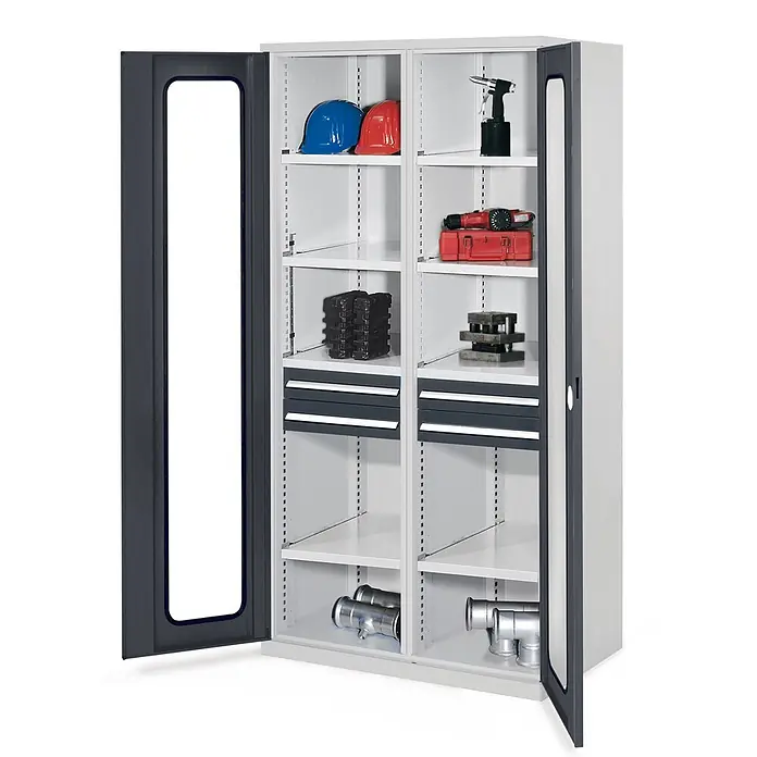 Kappes Metall-Mehrzweckschrank Schwerlastschränke mit Mitteltrennwand 1950x1000x600mm Sichtfenstertüren - 60 cm x 1.000 cm x 1,95 m, Anthrazitgrau - Offener grauer Metallschrank mit Regalen und Schubladen für Werkzeuge und Ausrüstung.