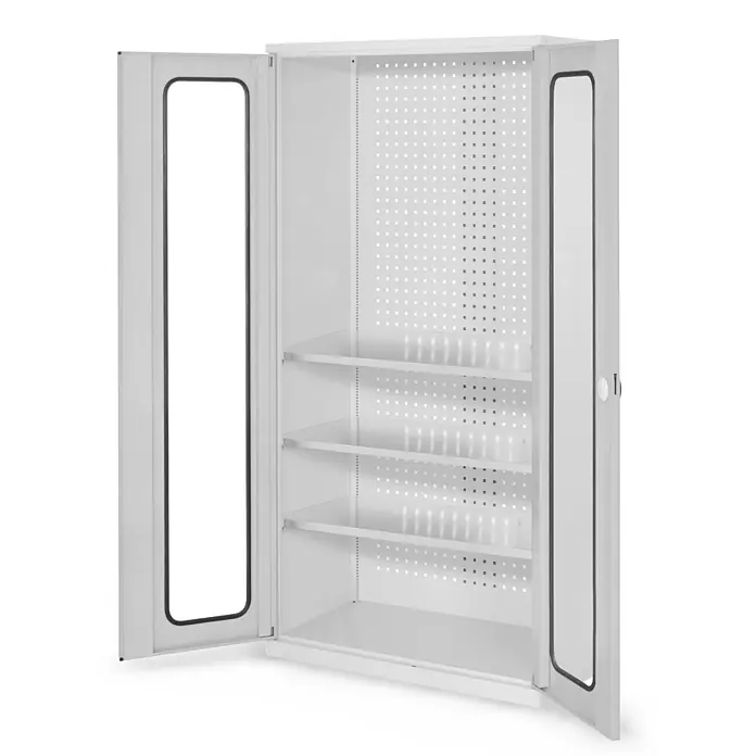 Kappes Metall-Mehrzweckschrank ®RasterPlan Werkzeugschrank 1950x1000m Modell 6 Tiefe 500mm Sichtfenstert� - Lichtgrau - Offener hellgrauer Metallschrank mit zwei Türen, drei Regalböden und perforierter Rückwand.