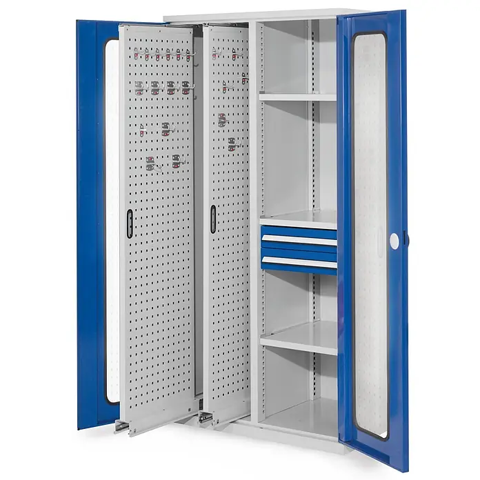 Kappes ®RasterPlan Vertikalschränke 1950x1000x600mm Modell 81 Sichtfenstertüren enzianblau -  - Blauer und grauer Metall-Werkstattschrank mit offenen Türen, Schiebe-Lochwänden, Haken, Regalen und blauen Schubladen zur Organisation.