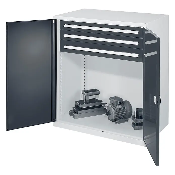 Kappes Schwerlast-Beistellschränke ohne Mitteltrennwand 1110x1000x600mm Modell 65 Doppelwandtüren anthrazitgrau -  - Grau-weißer Metall-Werkstattschrank mit offenen Türen, drei Schubladen und einem Staufach mit Industrieteilen.