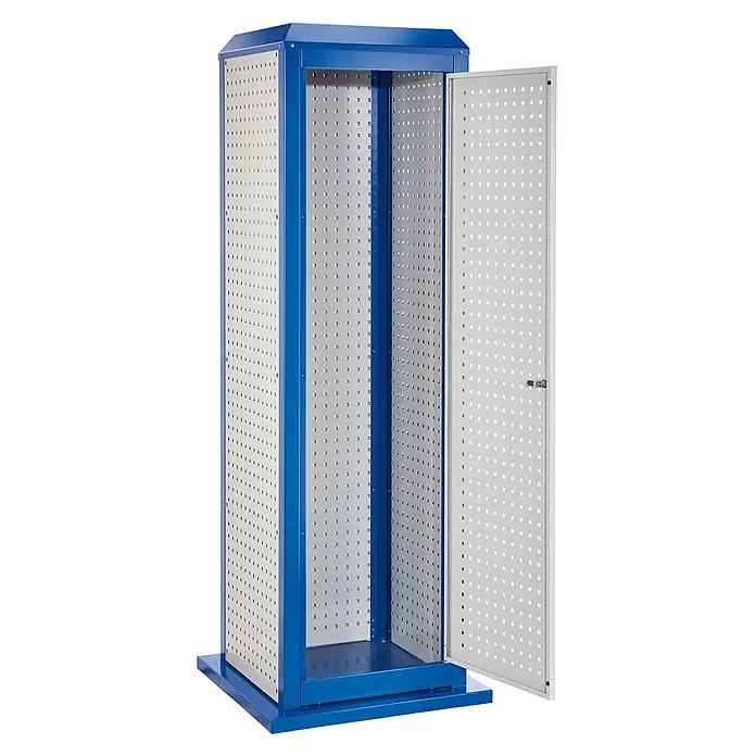 Kappes Metall-Mehrzweckschrank ®RasterPlan ToolTower Stationär Groß Modell 2 - 70 cm x 700 cm x 2,02 m - Blauer und grauer Metall-Lochwand-Schrank mit offener Tür, die die inneren Lochplatten zeigt.
