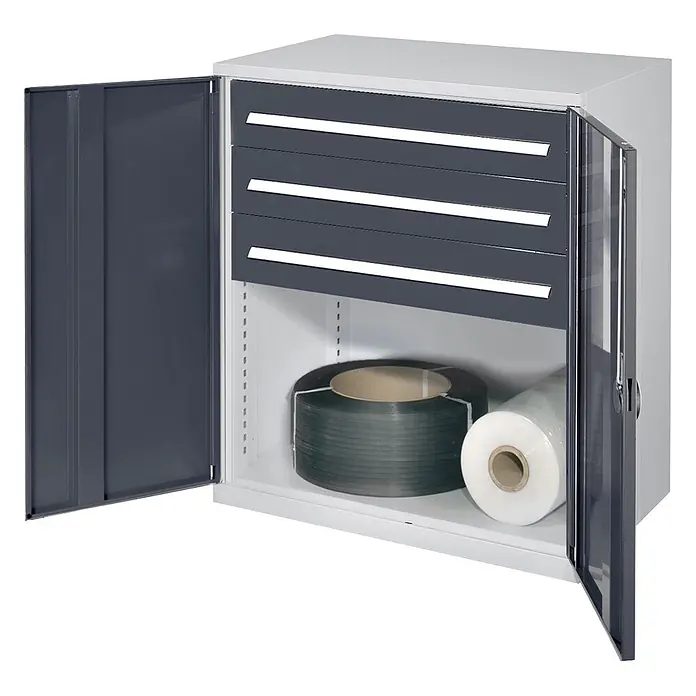Kappes Metall-Mehrzweckschrank Schwerlast-Beistellschränke ohne Mitteltrennwand 1110x1000x600mm Modell 67 - Anthrazitgrau - Grauer Metallschrank mit offenen Türen, drei dunkelgrauen Schubladen und einem unteren Fach mit Industrierollen.