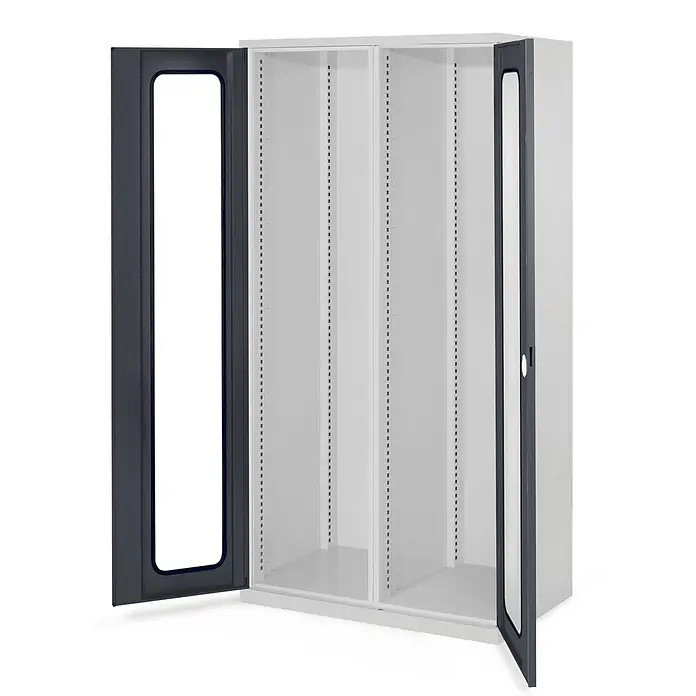 Kappes Metall-Mehrzweckschrank Schwerlastschränke mit Mitteltrennwand 1950x1000x600mm Sichtfenstertüren - Anthrazitgrau - Hellgrauer Metallschrank mit zwei offenen Türen, dunkelgrauen Rahmen und perforiertem Innenraum für verstellbare Einlegeböden.