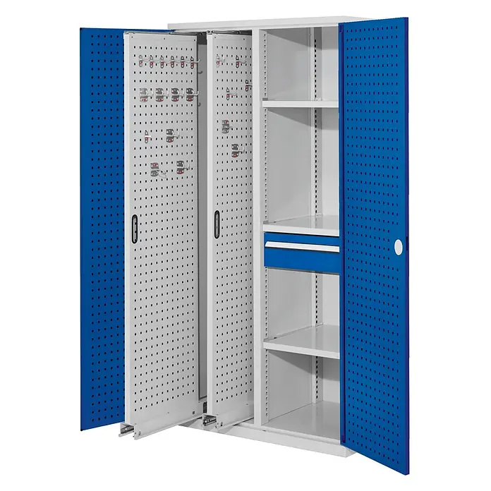 Kappes Metall-Mehrzweckschrank ®RasterPlan Vertikalschränke 1950x1000x600mm Modell 82 Lochplattentüren - 60 cm x 1.000 cm x 1,95 m, Enzianblau - Offener blau-weißer Metallwerkstattschrank mit Lochplatten, Haken, Regalen und Schublade, ideal zur Werkzeugaufbewahrung.