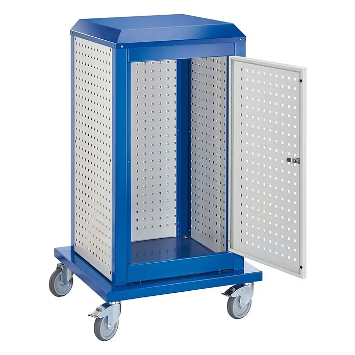 Kappes Metall-Mehrzweckschrank ®RasterPlan ToolTower mobil klein Modell 5 - Enzianblau - Blauer Metall-Rollschrank mit Lochblechseiten und offener Tür.