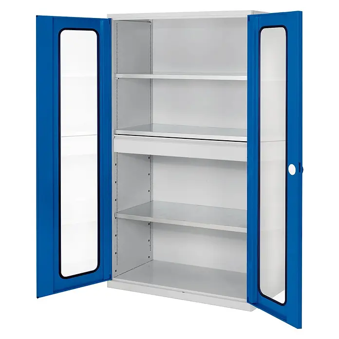 Kappes ®RasterPlan Großvolumenschränke 1950x1130x590mm Sichtfenstertüren Modell 2 enzianblau -  - Weiß-grauer Metallschrank mit zwei blau gerahmten Glastüren und verstellbaren Einlegeböden.