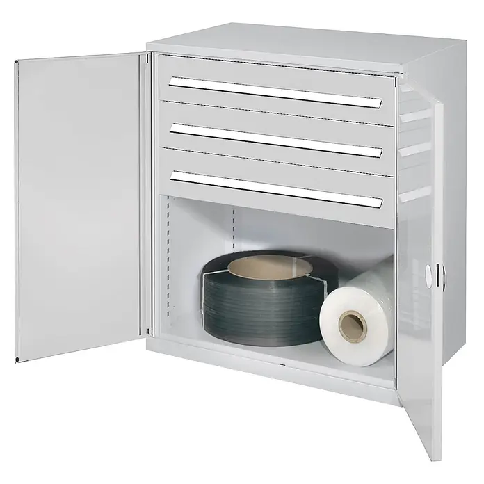 Kappes Metall-Mehrzweckschrank Schwerlast-Beistellschränke ohne Mitteltrennwand 1110x1000x600mm Modell 67 - Lichtgrau - Hellgrauer Metallschrank mit zwei offenen Türen, drei Schubladen und einem unteren Fach für Umreifungs- und Stretchfolienrollen.