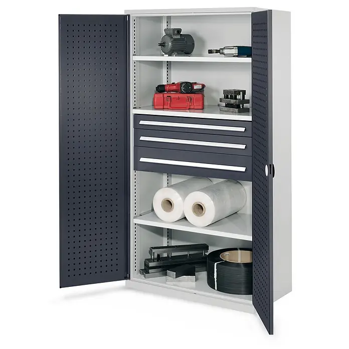 Kappes Metall-Mehrzweckschrank Schwerlastschränke ohne Mitteltrennwand 1950x1000x600mm Modell 46 Lochplat - 60 cm x 1.000 cm x 1,95 m, Anthrazitgrau - Grauer Metall-Werkstattschrank mit Lochtüren, verstellbaren Regalböden und Schubladen, zur Aufbewahrung von Werkzeugen und Material.