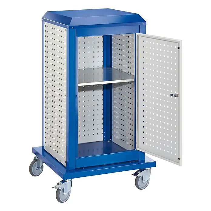 Kappes Metall-Mehrzweckschrank ®RasterPlan ToolTower mobil klein Modell 6 - Enzianblau - Blauer und weißer mobiler Metallschrank mit Lochblechseiten, Tür, Innenregal und Rollen.