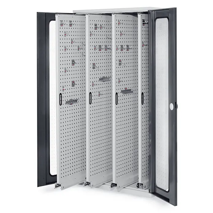 Kappes Metall-Mehrzweckschrank ®RasterPlan Vertikalschränke 1950x1000x600mm Modell 83 Sichtfenstertüren - 60 cm x 1.000 cm x 1,95 m, Anthrazitgrau - Grauer Metallschrank mit ausziehbaren Lochplatten zur Werkzeugaufbewahrung, bestückt mit verschiedenen Haken.
