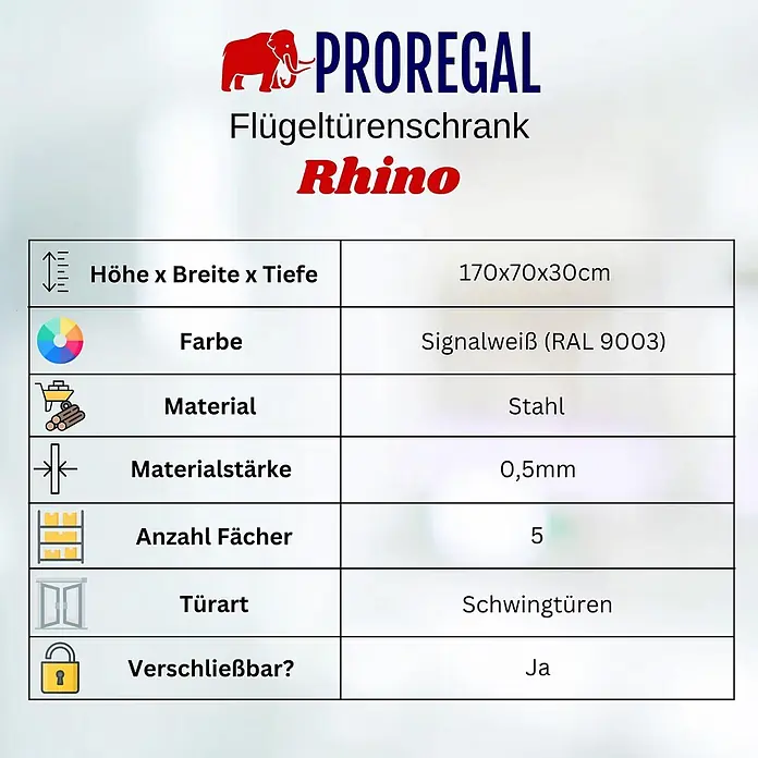 Proregal Metall-Mehrzweckschrank RHINO mit 2 Türen, abschließbar - Weiß - Spezifikationstabelle für einen weißen Stahl-Flügeltürenschrank Rhino, 170x70x30cm, 0,5mm stark, mit 5 Fächern und verschließbar.