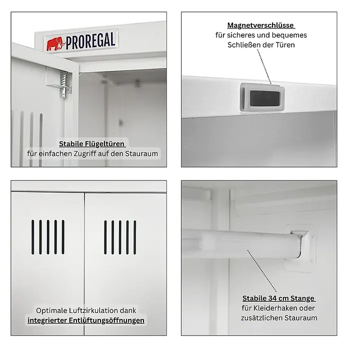 Proregal Metall-Mehrzweckschrank RHINO mit 2 Türen, abschließbar - Weiß - Weißer Metallschrank/Spind mit Flügeltüren, Magnetverschlüssen, Lüftungsschlitzen und Kleiderstange.