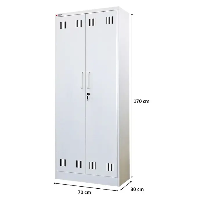 Proregal Metall-Mehrzweckschrank RHINO mit 2 Türen, abschließbar - Weiß - Weißer Metallschrank mit zwei Türen, Griffen, Schloss und Belüftung. Maße: 170x70x30 cm.