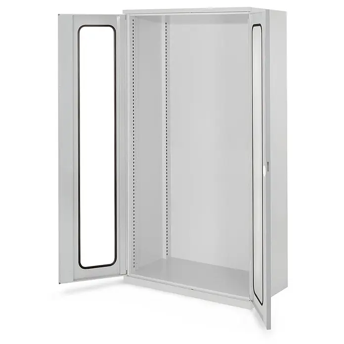 Kappes Metall-Mehrzweckschrank Schwerlastschränke ohne Mitteltrennwand 1950x1000x600mm Modell 40 Sichtfen - Lichtgrau - Weißer Metallschrank mit zwei offenen Klartüren und internen verstellbaren Regalstützen.