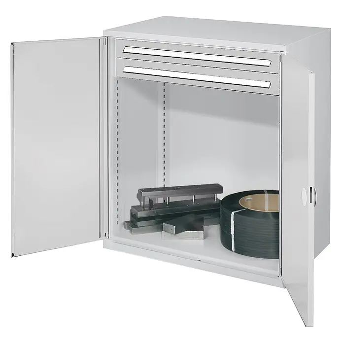 Kappes Metall-Mehrzweckschrank Schwerlast-Beistellschränke ohne Mitteltrennwand 1110x1000x600mm Modell 64 - Anthrazitgrau - Grauer Metall-Werkstattschrank mit zwei offenen Türen und zwei oberen Schubladen.
