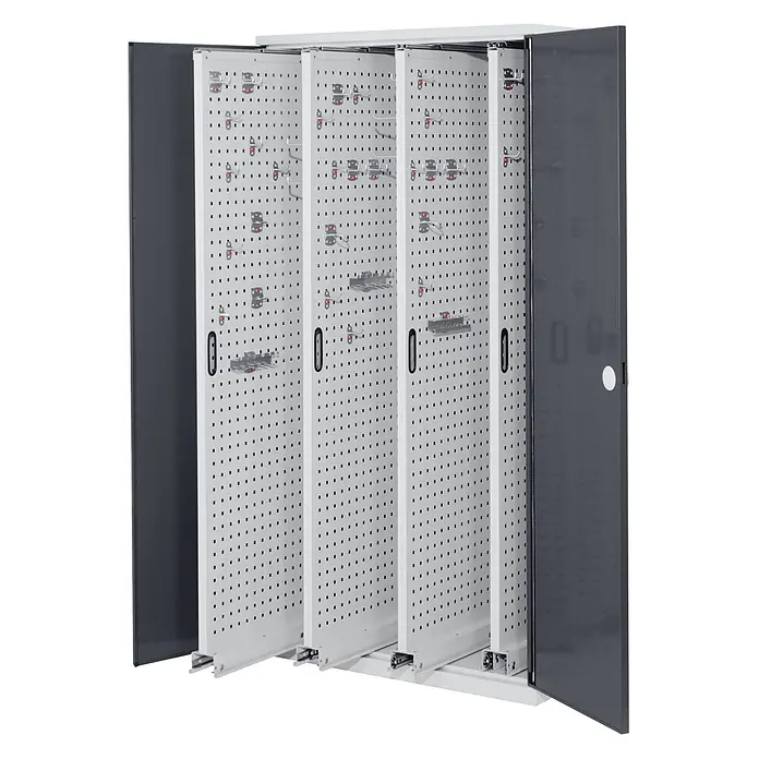 Kappes Metall-Mehrzweckschrank ®RasterPlan Vertikalschränke 1950x1000x600mm Modell 83 Doppelwandtüren a - Anthrazitgrau - Offener grauer Metallschrank mit weißen ausziehbaren Lochplatten und verschiedenen Haken zur Werkzeug- oder Schlüsselaufbewahrung.