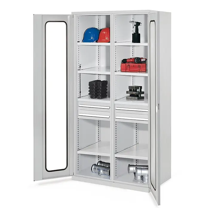 Kappes Metall-Mehrzweckschrank Schwerlastschränke mit Mitteltrennwand 1950x1000x600mm Sichtfenstertüren - Lichtgrau - Grauer Metallschrank mit zwei offenen Türen, mehreren Ablagen und zwei Schubladen, zur Aufbewahrung von Helmen, Werkzeugen und Industrieteilen.