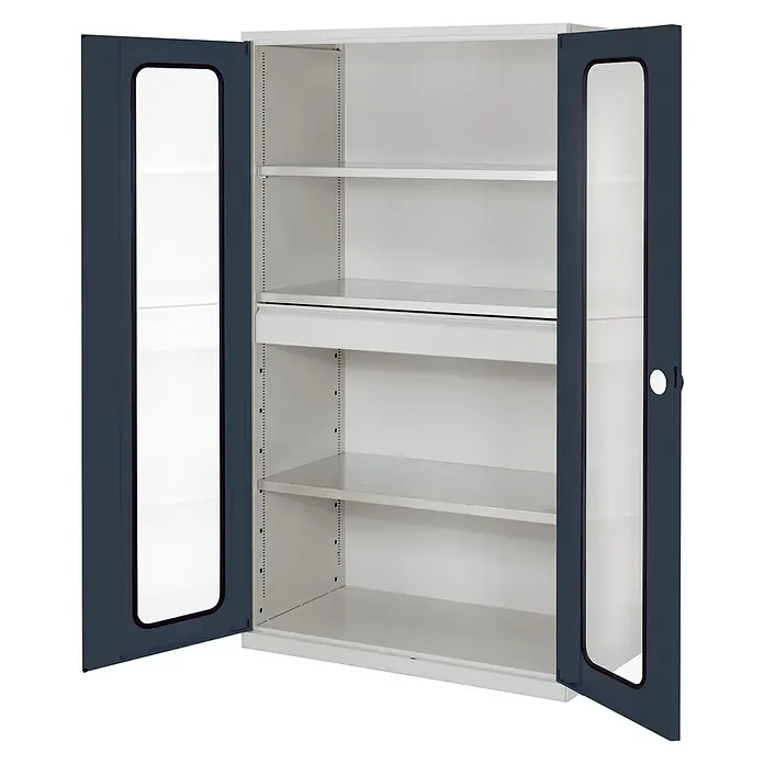 Kappes Metall-Mehrzweckschrank ®RasterPlan Großvolumenschränke 1950x1130x590mm Sichtfenstertüren Model - 59 cm x 1.130 cm x 1,95 m, Anthrazitgrau - Metallschrank mit zwei offenen dunkelblauen Glastüren und verstellbaren hellgrauen Regalböden.