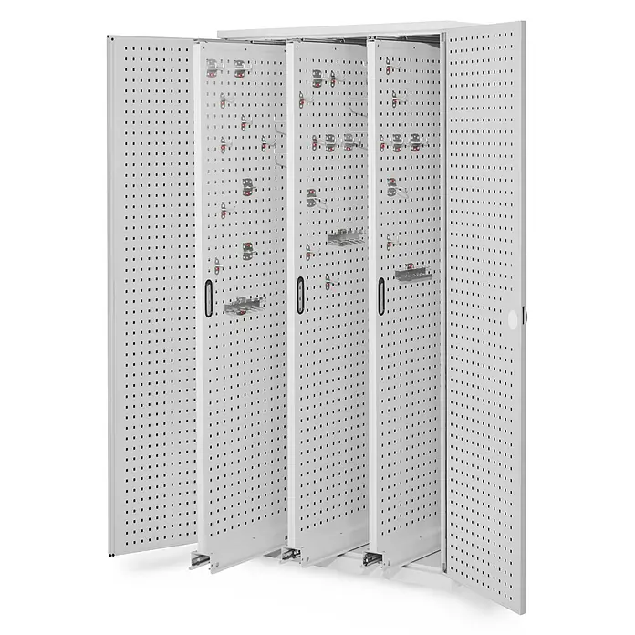 Kappes Metall-Mehrzweckschrank ®RasterPlan Vertikalschränke 1950x1000x600mm Modell 85 Lochplattentüren - 60 cm x 1.000 cm x 1,95 m, Lichtgrau - Weißer Metallschrank mit mehreren perforierten Schiebe- und Flügeltüren, ausgestattet mit Haken und Haltern für geordnete Aufbewahrung.