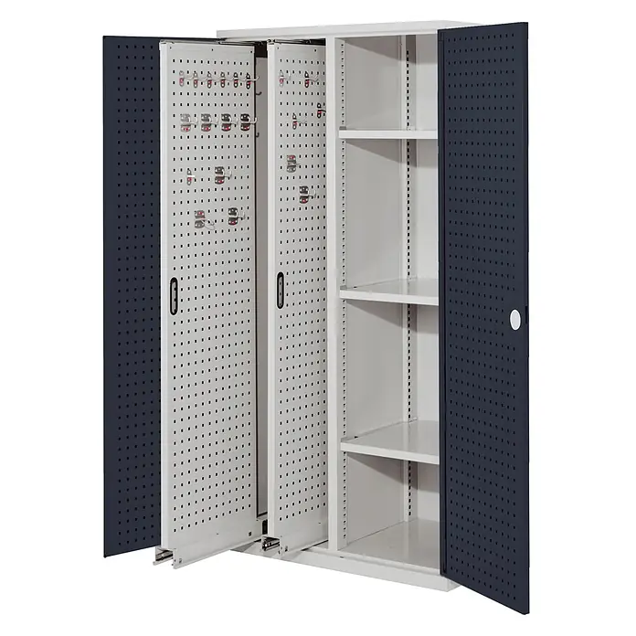 Kappes Metall-Mehrzweckschrank ®RasterPlan Vertikalschränke 1950x1000x600mm Modell 80 Lochplattentüren - 60 cm x 1.000 cm x 1,95 m, Anthrazitgrau - Grauer Metallschrank mit dunkelblauen perforierten Türen, ausziehbaren Lochwänden mit Haken und verstellbaren Einlegeböden.