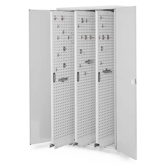 Kappes Metall-Mehrzweckschrank ®RasterPlan Vertikalschränke 1950x1000x600mm Modell 85 Doppelwandtüren l - 60 cm x 1.000 cm x 1,95 m, Lichtgrau - Weißer Metallschlüsselkasten mit drei ausziehbaren Lochplatten und verschiedenen Haken zur Schlüsselaufbewahrung.