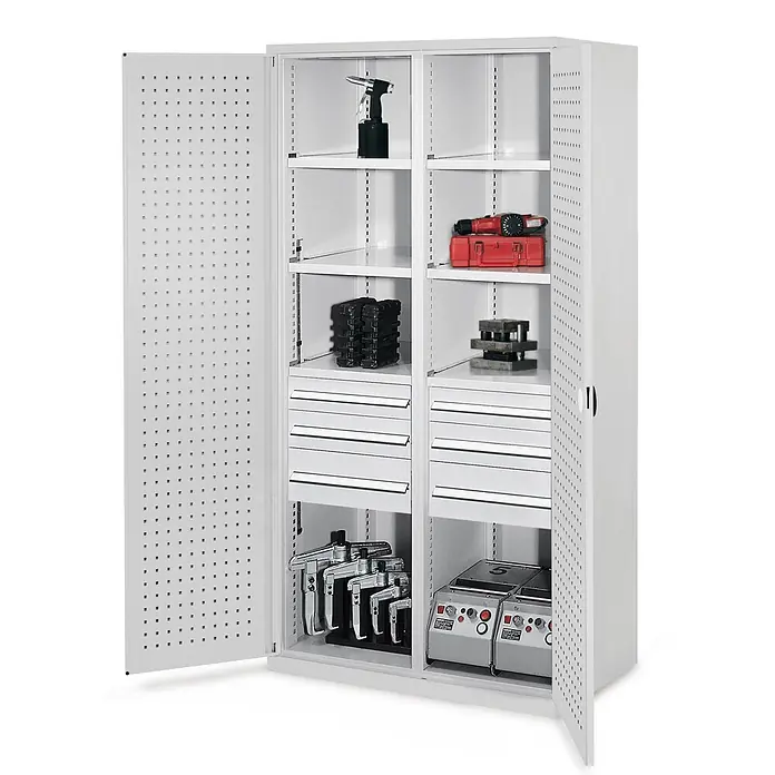 Kappes Metall-Mehrzweckschrank Schwerlastschränke mit Mitteltrennwand 1950x1000x600mm Lochplattentüren M - 60 cm x 1.000 cm x 1,95 m, Lichtgrau - Grauer Metall-Werkstattschrank mit offenen Türen, verstellbaren Einlegeböden und Schubladen zur Organisation von Werkzeugen.