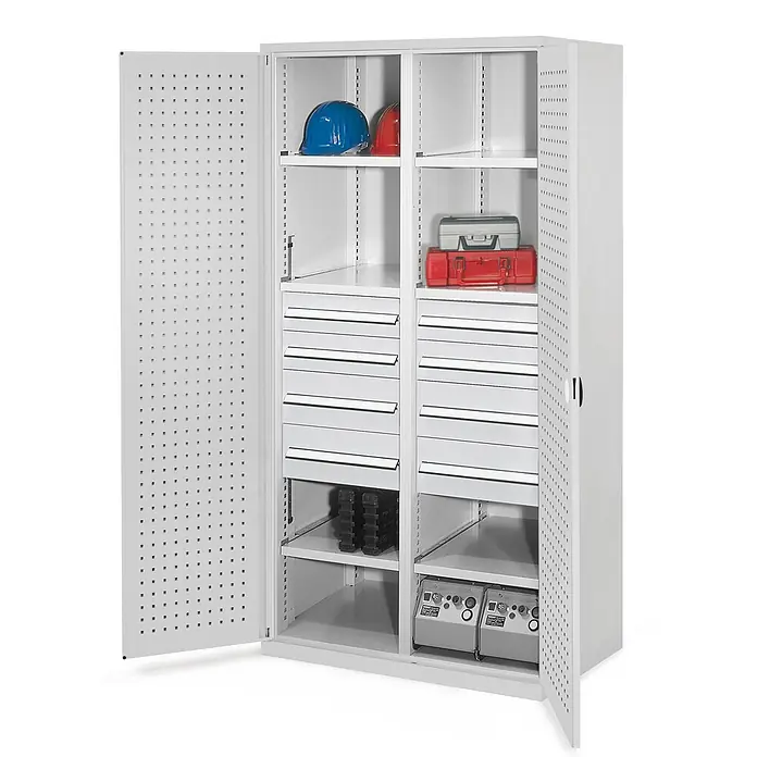 Kappes Metall-Mehrzweckschrank Schwerlastschränke mit Mitteltrennwand 1950x1000x600mm Lochplattentüren M - 60 cm x 1.000 cm x 1,95 m, Lichtgrau - Grauer Metall-Werkstattschrank mit zwei offenen Türen, Regalen, mehreren Schubladen und Lochplatten für vielseitige Lagerung.