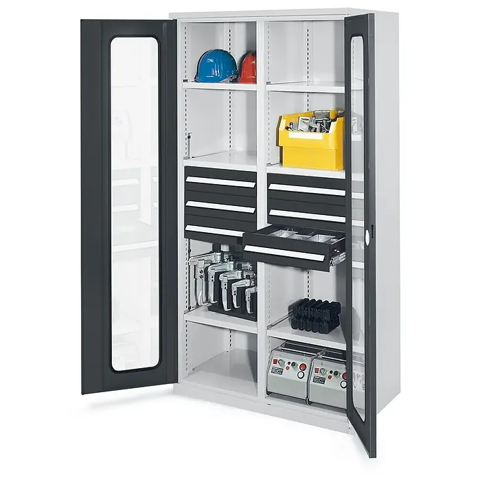 Kappes Metall-Mehrzweckschrank Schwerlastschränke mit Mitteltrennwand 1950x1000x600mm Sichtfenstertüren - 60 cm x 1.000 cm x 1,95 m, Anthrazitgrau - Grauer Metallschrank mit transparenten Türen, verstellbaren Regalen und dunkelgrauen Schubladen, gefüllt mit Werkzeugen und Geräten.