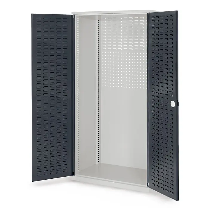 Kappes Metall-Mehrzweckschrank ®RasterPlan Schubladenschränke 1950x1000x600mm Schlitzplattentüren Model - 60 cm x 1.000 cm x 1,95 m, Anthrazitgrau - Offener hellgrauer Metallschrank mit dunkelgrauen perforierten Doppeltüren, Innenseite mit perforierter Rückwand und Seitenwänden zur Regalmontage.