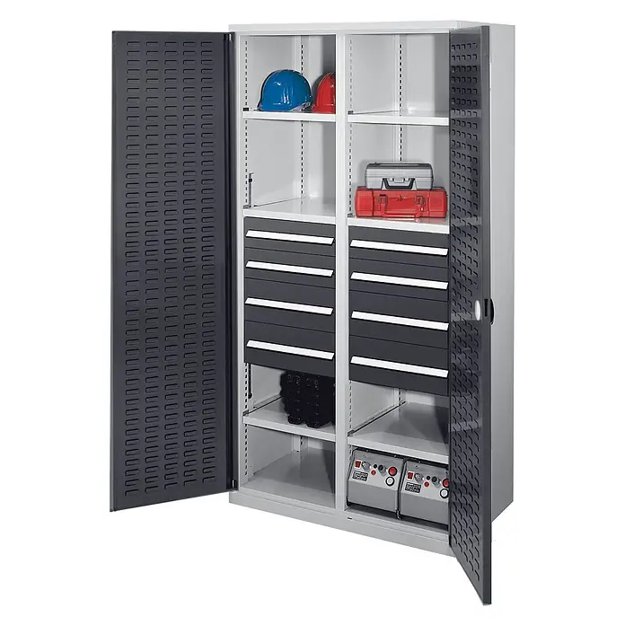 Kappes Metall-Mehrzweckschrank Schwerlastschränke mit Mitteltrennwand 1950x1000x600mm Schlitzplattentüre - 60 cm x 1.000 cm x 1,95 m, Anthrazitgrau - Grauer Metallschrank mit zwei perforierten dunkelgrauen Türen, innen mit Fachböden, Schubladen und Fächern zur Werkzeugaufbewahrung.