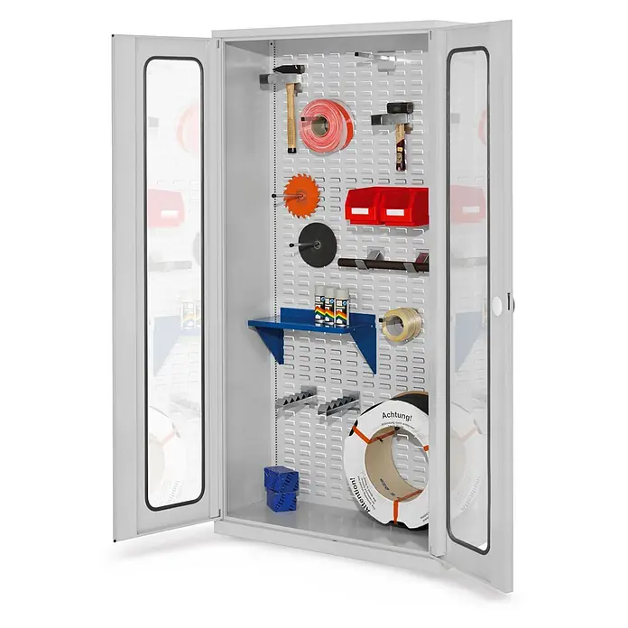 Kappes Metall-Mehrzweckschrank ®RasterPlan Werkstückschränke 1950x1000x410mm mit Sichtfenstertüren lic - 41 cm x 1.000 cm x 1,95 m, Lichtgrau - Offener grauer Metallschrank mit Lochblech-Rückwand, organisiert mit Werkzeugen und Verbrauchsmaterialien wie Hämmern, Bändern und Sprühdosen.