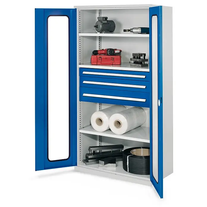 Kappes Metall-Mehrzweckschrank Schwerlastschränke ohne Mitteltrennwand 1950x1000x600mm Modell 46 Sichtfen - 60 cm x 1.000 cm x 1,95 m, Enzianblau - Blauer und grauer Metall-Werkstattschrank mit offenen Türen, mehreren Regalböden und drei blauen Schubladen, zur Aufbewahrung von Werkzeugen und Materialien.