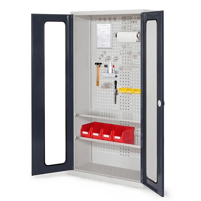 Kappes Metall-Mehrzweckschrank ®RasterPlan Werkzeugschrank 1950x1000m Modell 5 Tiefe 410mm Sichtfenstert� - Anthrazitgrau - Grauer Metall-Werkzeugschrank mit transparenten Türen offen, zeigt Lochwand, Einlegeböden und diverse Werkzeuge/Behälter.