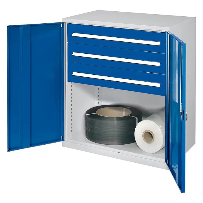 Kappes Metall-Mehrzweckschrank Schwerlast-Beistellschränke ohne Mitteltrennwand 1110x1000x600mm Modell 67 - 60 cm x 1.000 cm x 1,11 m, Enzianblau - Grauer Metallschrank mit blauen Türen und vier blauen Schubladen, offen mit Industrieband und Folie.