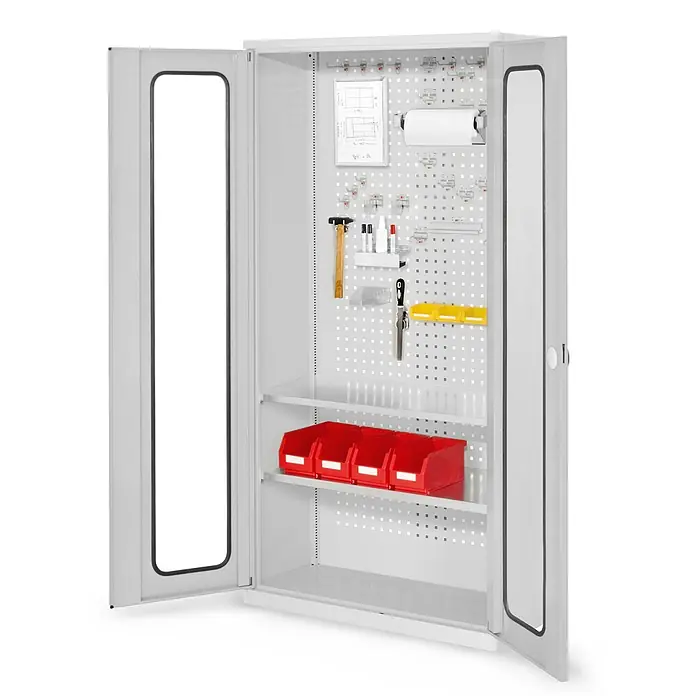 Kappes Metall-Mehrzweckschrank ®RasterPlan Werkzeugschrank 1950x1000m Modell 5 Tiefe 410mm Sichtfenstert� - 41 cm x 1.000 cm x 1,95 m, Lichtgrau - Weißer Metallschrank mit offenen Türen, Lochwand mit Werkzeugen und gelben Behältern, sowie Regalen mit roten Behältern.