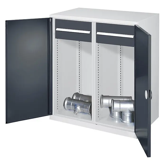 Kappes Metall-Mehrzweckschrank Schwerlast-Beistellschränke mit Mitteltrennwand 1110x1000x600mm Doppelwand - Anthrazitgrau - Hell- und dunkelgrauer Metallschrank mit zwei offenen Türen, zeigt zwei Innenfächer und Metallfittings.
