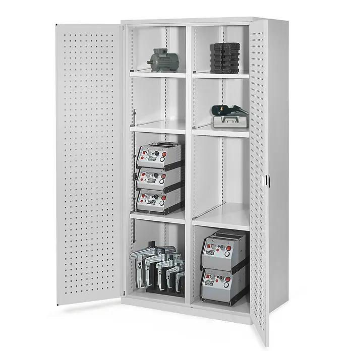 Kappes Schwerlastschränke mit Mitteltrennwand 1950x1000x600mm Lochplattentüren Modell 51 lichtgrau -  - Grauer Metall-Werkzeugschrank mit zwei offenen Türen, mehreren Ablagen und perforierten Paneelen zur geordneten Aufbewahrung.