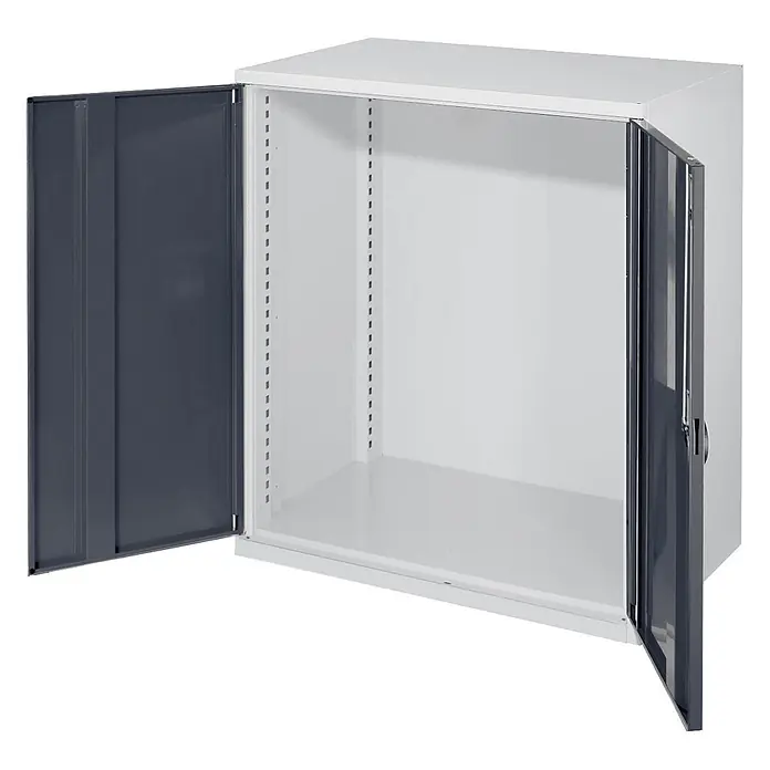Kappes Schwerlast-Beistellschränke ohne Mitteltrennwand 1110x1000x600mm Modell 60 Vollblechtüren anthrazitgrau -  - Zweifarbiger Metallschrank mit dunkelgrauen Türen und hellem Innenraum, geöffnet mit perforierten Schienen für verstellbare Regalböden.
