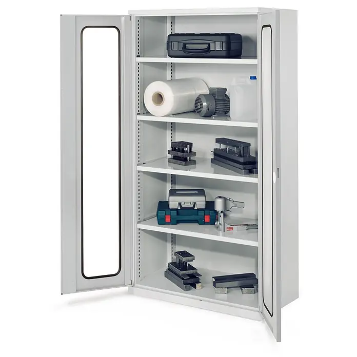 Kappes Metall-Mehrzweckschrank Schwerlastschränke ohne Mitteltrennwand 1950x1000x600mm Modell 41 Sichtfen - Lichtgrau - Grauer Metallschrank mit zwei offenen Türen und mehreren Ablagen zur Aufbewahrung.
