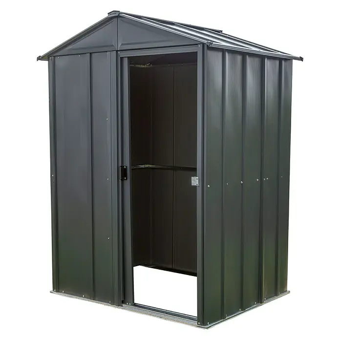 Spacemaker Gerätehaus 5x4 - Außenbreite inkl. Dachüberstand: 151 cm, Außentiefe inkl. Dachüberstand: 122 cm, Stahl, Grau - Eine graue Gartengerätehütte mit geöffneter Schiebetür, ideal zur Aufbewahrung von Werkzeugen und Geräten im Außenbereich.