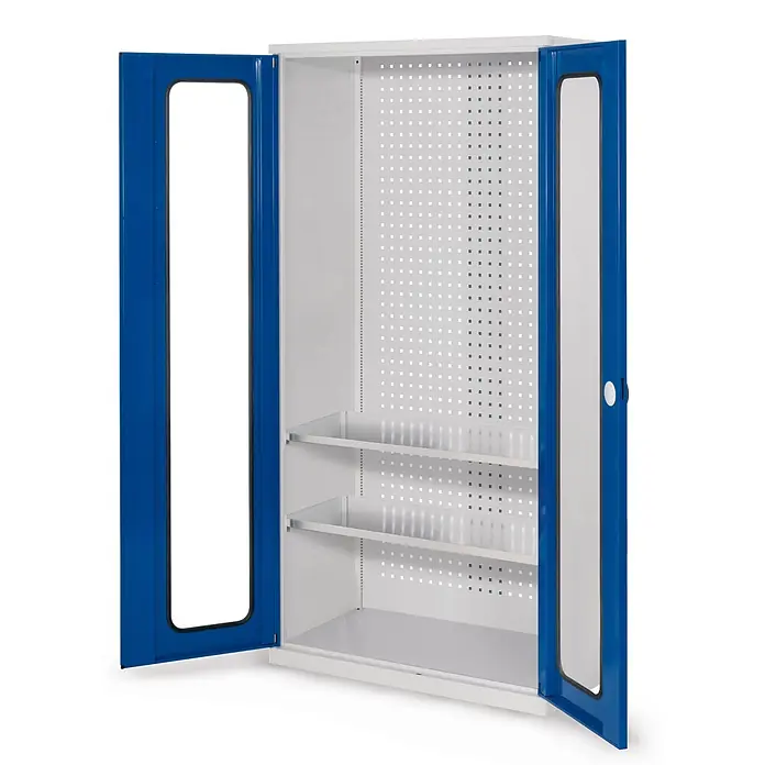 Kappes Metall-Mehrzweckschrank ®RasterPlan Werkzeugschrank 1950x1000m Modell 5 Tiefe 500mm Sichtfenstert� - Enzianblau - Offener blau-weißer Metallschrank mit verstellbaren Regalböden und perforierter Rückwand.
