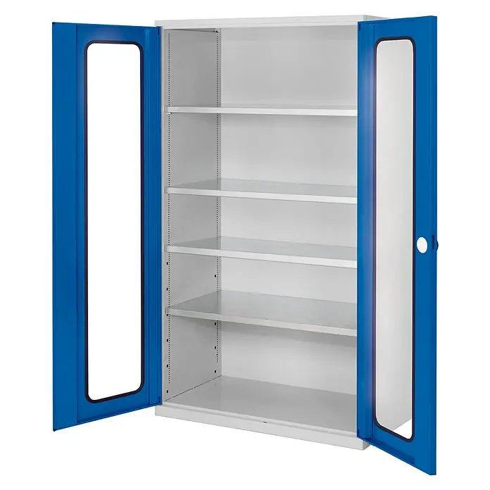 Kappes ®RasterPlan Großvolumenschränke 1950x1130x590mm Sichtfenstertüren Modell 1 enzianblau -  - Blauer Metallschrank mit transparenten Türen geöffnet, verstellbare graue Regalböden sichtbar.