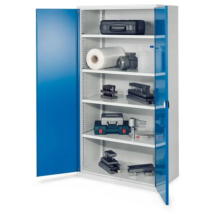Kappes Metall-Mehrzweckschrank Schwerlastschränke ohne Mitteltrennwand 1950x1000x600mm Modell 41 Doppelwa - 60 cm x 1.000 cm x 1,95 m, Enzianblau - Zweiflügeliger Metallschrank mit blauen Türen und weißen Regalen, geeignet für Werkstattlagerung.