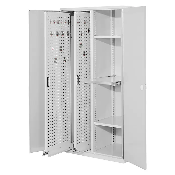 Kappes Metall-Mehrzweckschrank ®RasterPlan Vertikalschränke 1950x1000x600mm Modell 84 Doppelwandtüren l - 60 cm x 1.000 cm x 1,95 m, Lichtgrau - Weißer Metallschrank mit offenen Türen, internen verschiebbaren Lochplatten für Schlüssel und verstellbaren Regalböden.