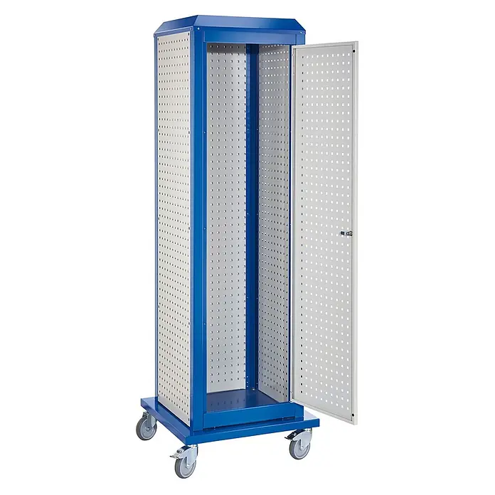 Kappes Metall-Mehrzweckschrank ®RasterPlan ToolTower Mobil Groß Modell 2 - Enzianblau - Blauer und grauer Lochblechschrank auf Rollen mit geöffneter Tür.