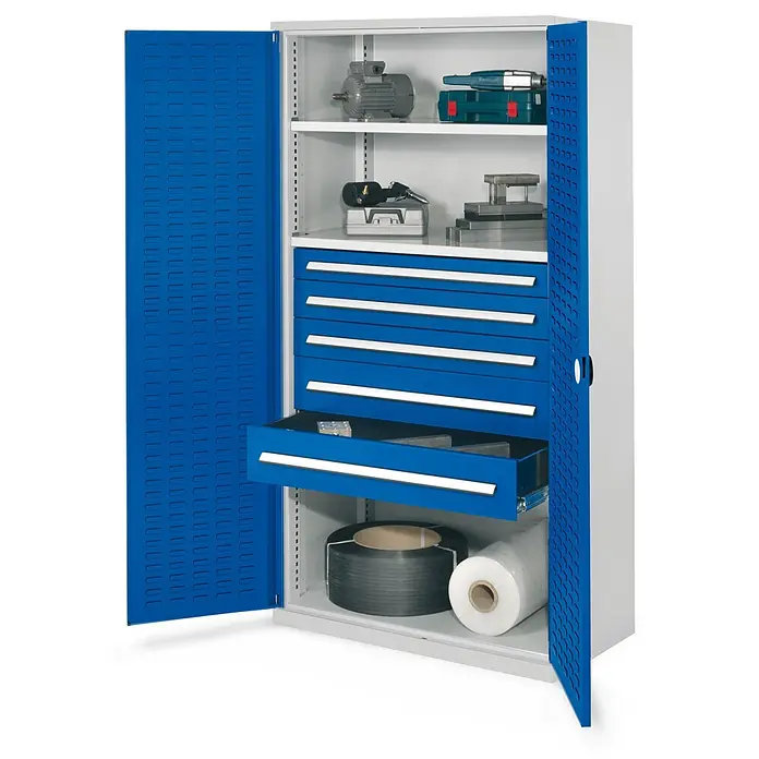 Kappes Schwerlastschränke ohne Mitteltrennwand 1950x1000x600mm Modell 44 Schlitzplattentüren enzianblau -  - Blau-weißer Metall-Werkstattschrank mit mehreren Fächern und Schubladen für Werkzeuge und Material.
