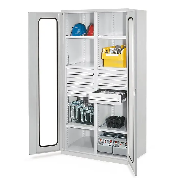 Kappes Metall-Mehrzweckschrank Schwerlastschränke mit Mitteltrennwand 1950x1000x600mm Sichtfenstertüren - 60 cm x 1.000 cm x 1,95 m, Lichtgrau - Grauer Metall-Werkstattschrank mit zwei geöffneten Türen, verstellbaren Regalböden und Schubladen, gefüllt mit Werkzeugen und Sicherheitsausrüstung.