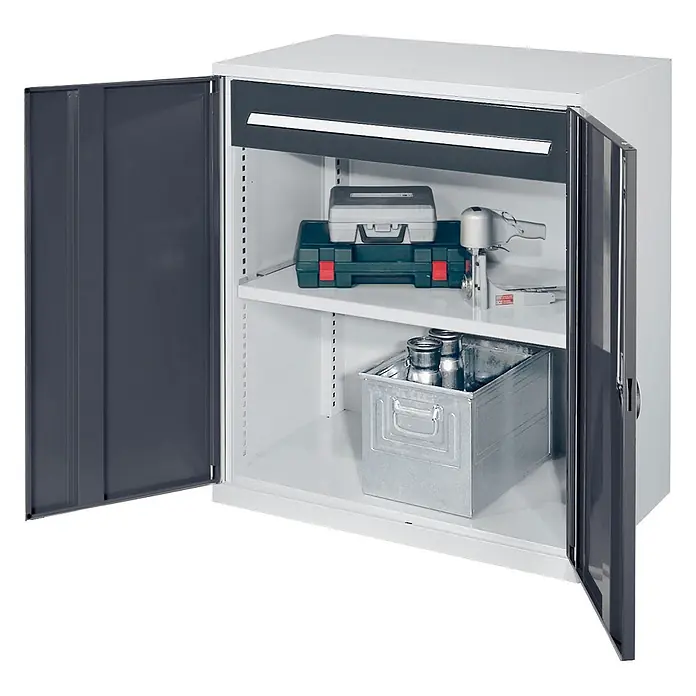 Kappes Metall-Mehrzweckschrank Schwerlast-Beistellschränke ohne Mitteltrennwand 1110x1000x600mm Modell 66 - 60 cm x 1.000 cm x 1,11 m, Anthrazitgrau - Zweitüriger Metallschrank, grau-weiß, mit Einlegeböden, Rolladenfach und gelagerten Werkzeugen.