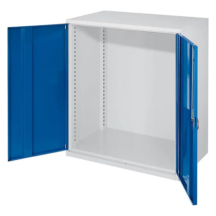 Kappes Schwerlast-Beistellschränke ohne Mitteltrennwand 1110x1000x600mm Modell 60 Vollblechtüren enzianblau -  - Weißer Metallschrank mit zwei offenen blauen Türen, leeres Inneres mit Fachbodenträgern.