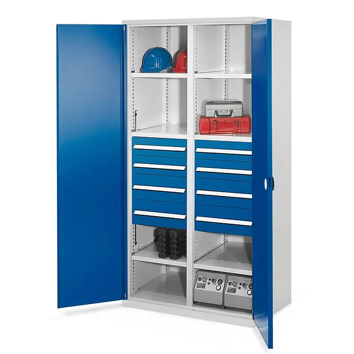 Kappes Metall-Mehrzweckschrank Schwerlastschränke mit Mitteltrennwand 1950x1000x600mm Doppelwandtüren Mo - 60 cm x 1.000 cm x 1,95 m, Enzianblau - Metallschrank mit blauen Türen und grauem Innenraum, mit Regalen und blauen Schubladen zur organisierten Aufbewahrung von Werkzeugen.
